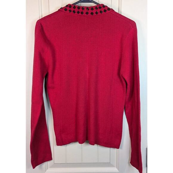 Vintage Kathie Lee Collection Ladies Winter Beaded Faux Cardigan Red/Black Med - Picture 2 of 7